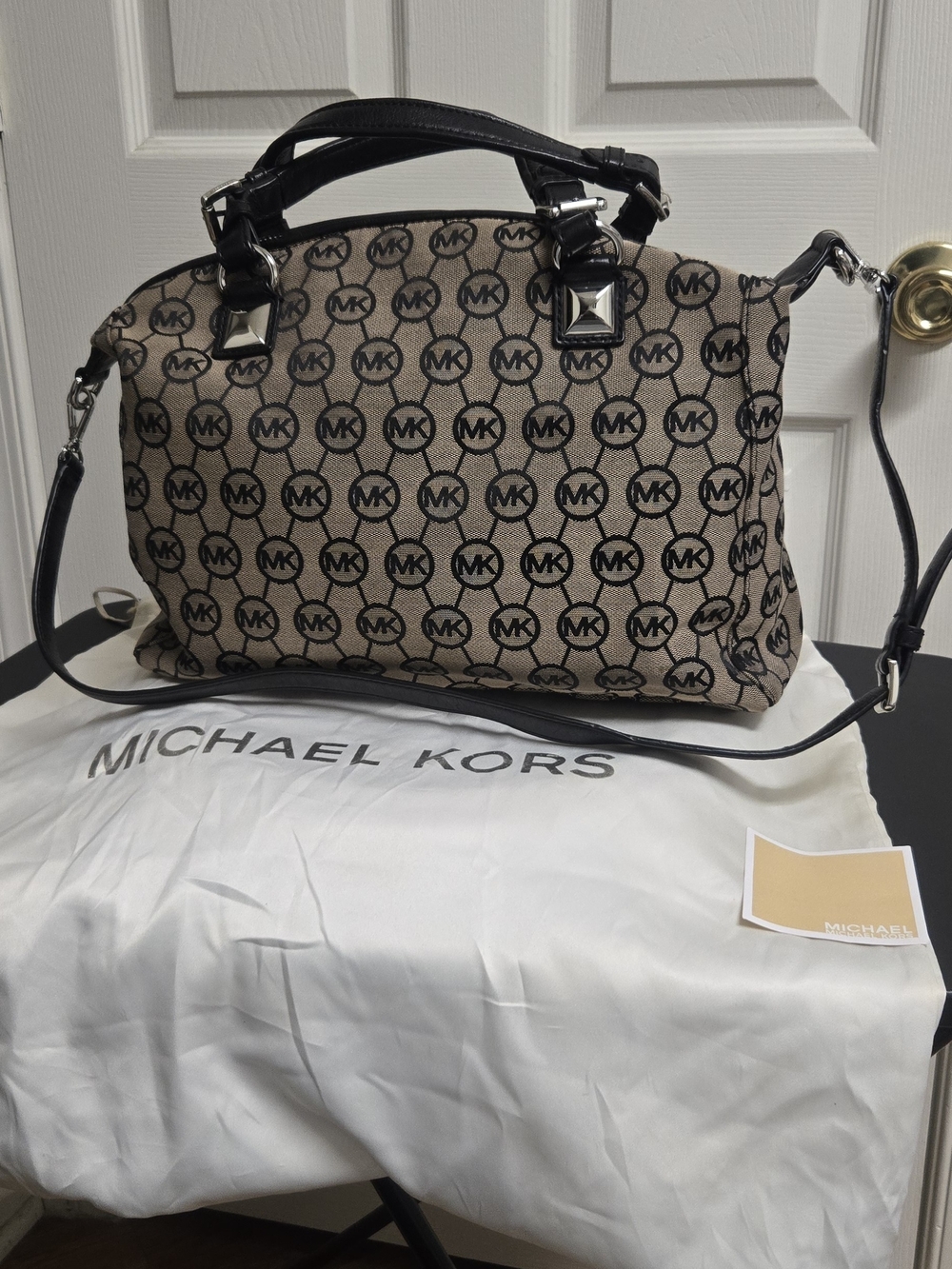 Michael Kors MK Logo Satchel in Beige and Black